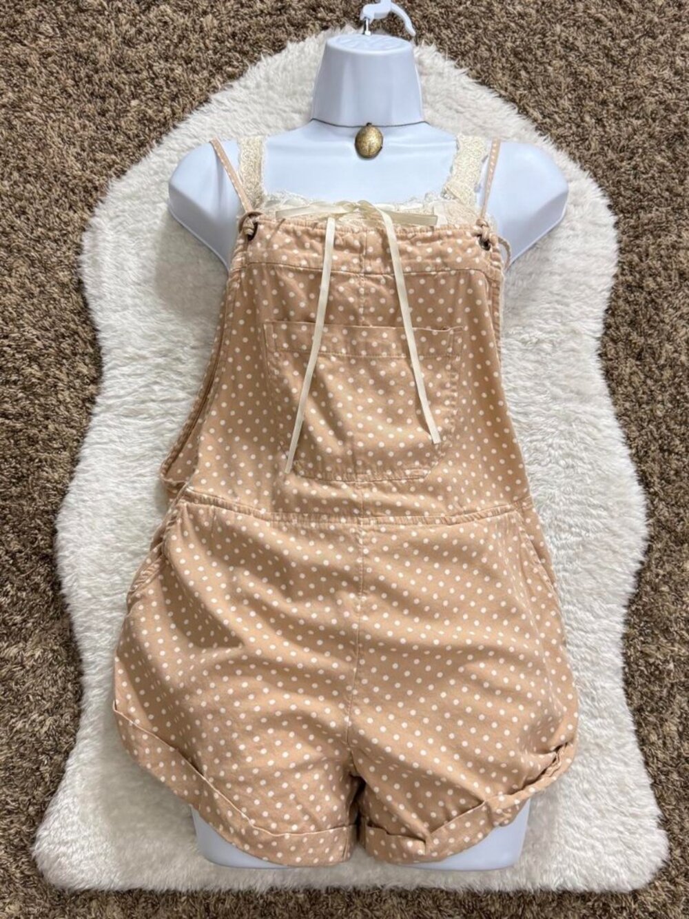 Twee girly grunge beige and white polkadot overalls